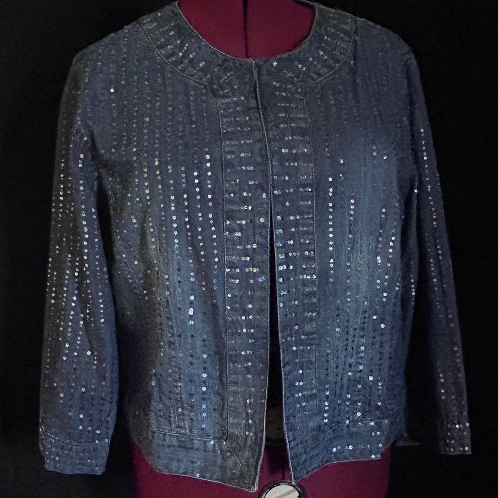 Chico’s Denim Jacket with Clear Sequins  Sz 3